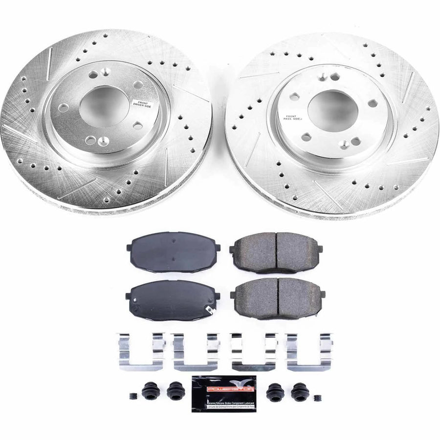 Power Stop K5837 Z23 Carbon Fiber Brake Pads Front with Drilled & Slotted Brake Rotors Kit For Kia Forte 2010-2013, Kia Forte Koup 2010-2013 [Model Specific]