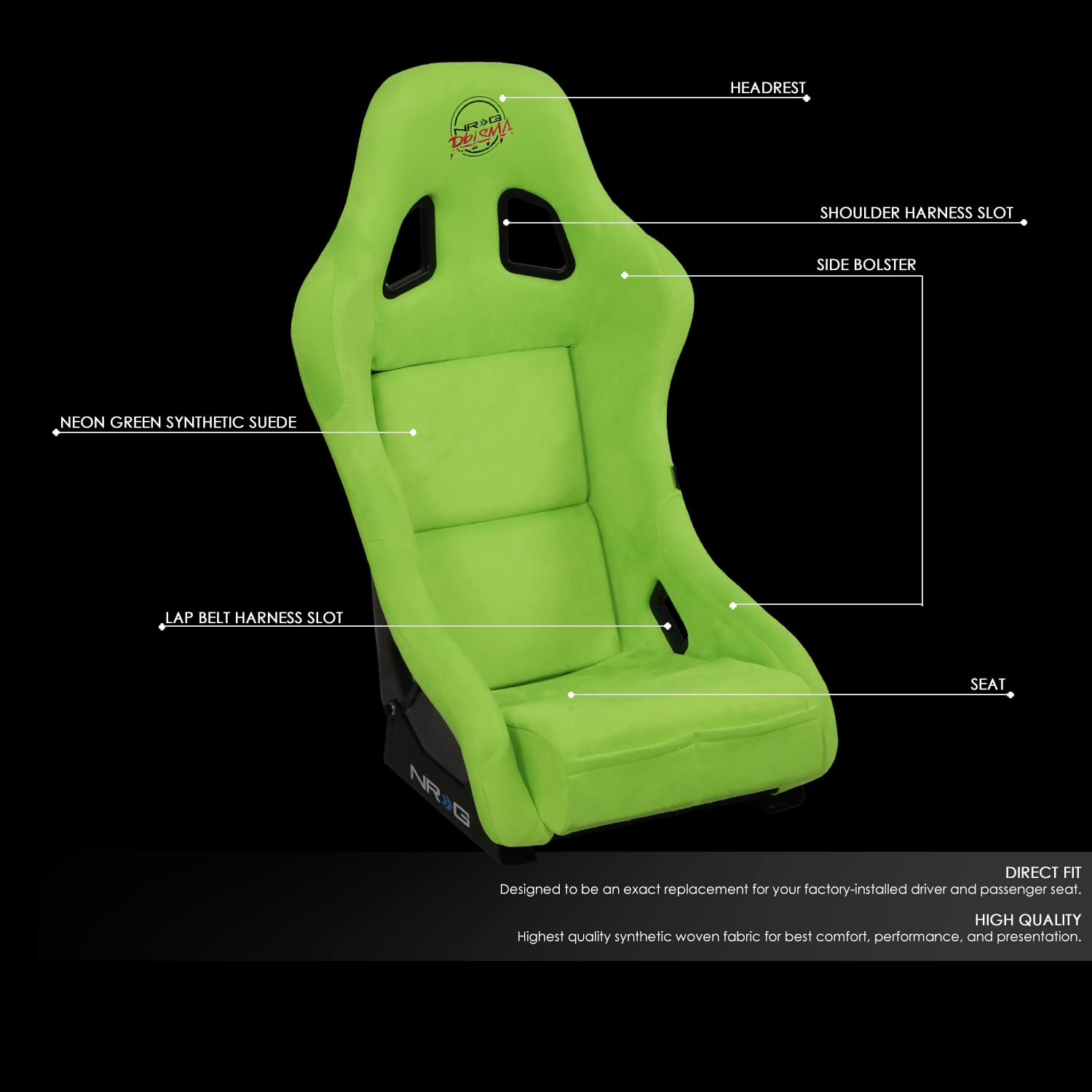 NRG Innovations Universal Fixed Back Bucket Racing Seat NRG-FRP-303NG-PRISMA for 5-Point Harnesses, Size M, Green Alcantara Material, 22" W X 34" H X 16" D