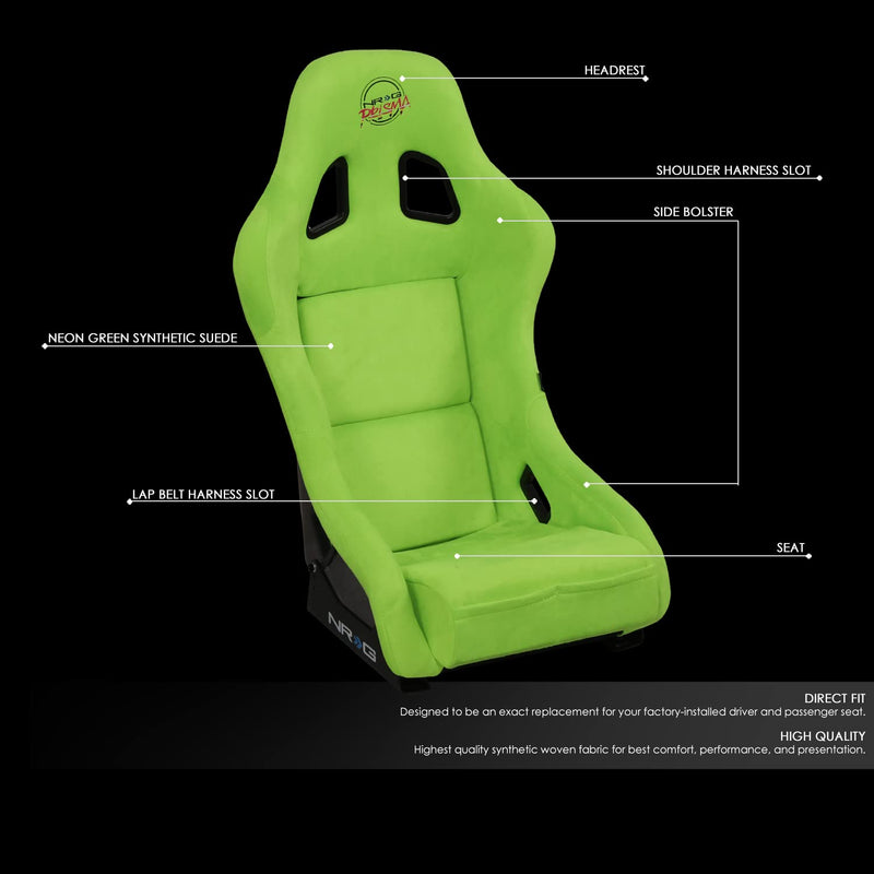 NRG Innovations Universal Fixed Back Bucket Racing Seat NRG-FRP-303NG-PRISMA for 5-Point Harnesses, Size M, Green Alcantara Material, 22" W X 34" H X 16" D