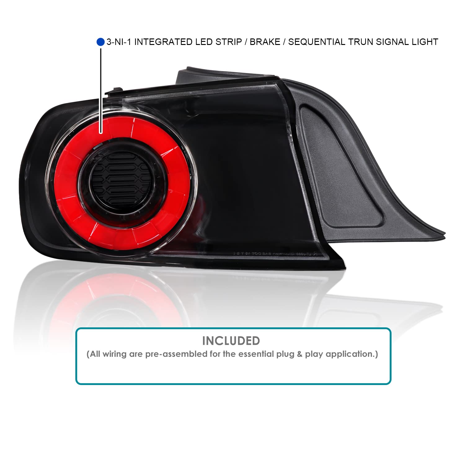Jet Black SPEC-D TUNING Red LED Sequential Signal Tail Lights Compatible with 2015-2022 Ford Mustang, Left + Right Pair Assembly