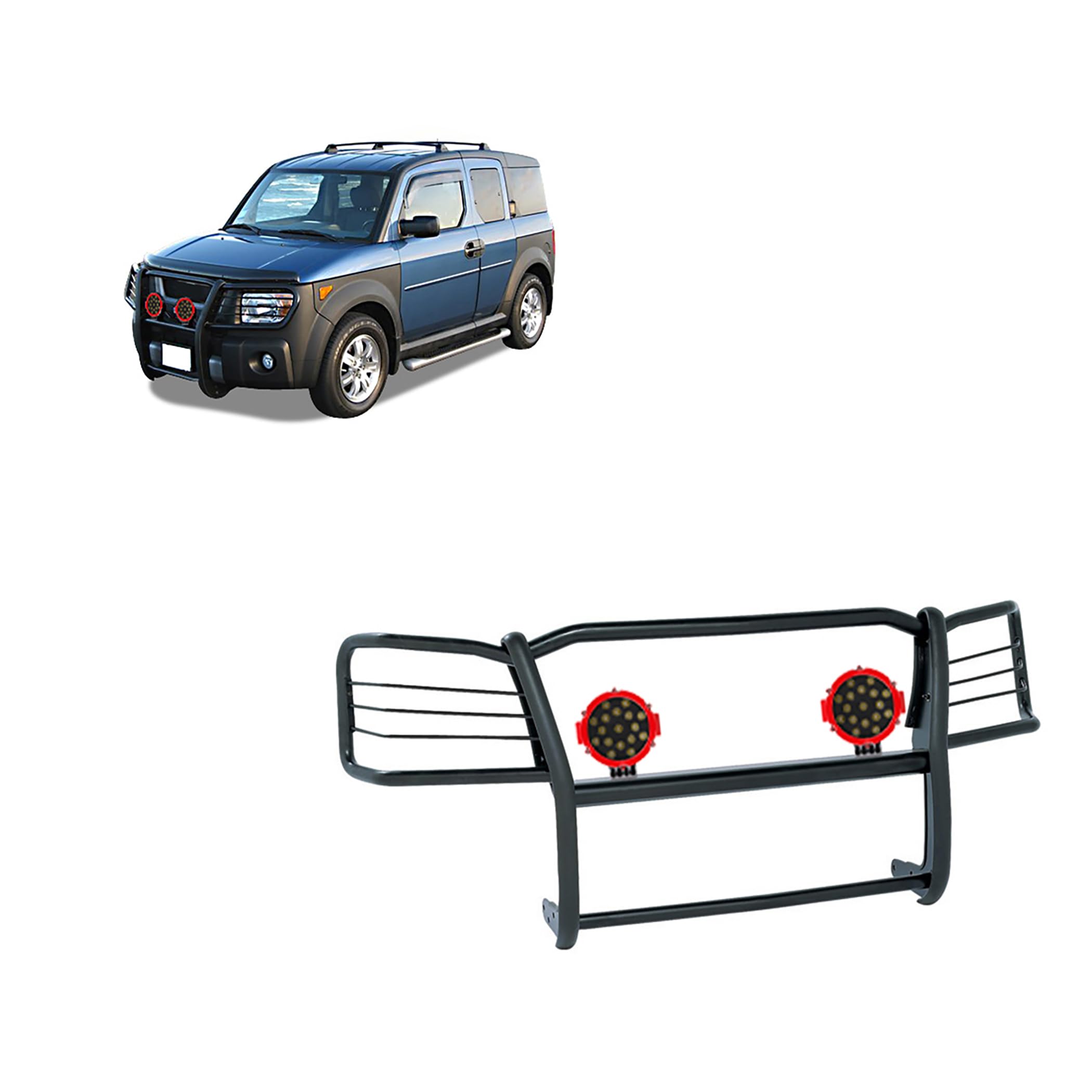 Grille Brush Black Horse Bumper Guard Modular Black Come with Pair of 7.0" Dia.LED Lights with Red Trim Rings Compatible with 2003-2008 Honda Element-17A155900MA-PLR