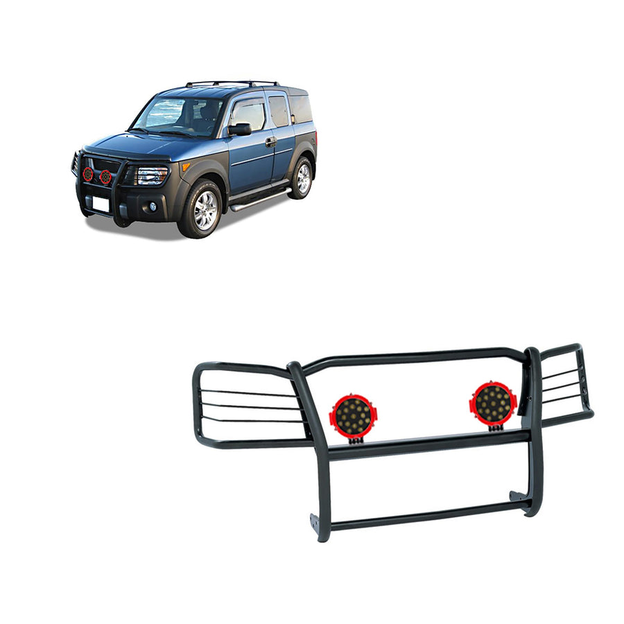 Grille Brush Black Horse Bumper Guard Modular Black Come with Pair of 7.0" Dia.LED Lights with Red Trim Rings Compatible with 2003-2008 Honda Element-17A155900MA-PLR