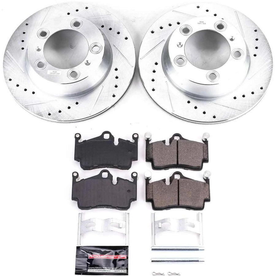 Power Stop K5633 Z23 Carbon Fiber Brake Pads with Drilled & Slotted Brake Rotors Kit For Porsche Boxster 2005-2012, Porsche Cayman 2007-2012 [Model Specific]
