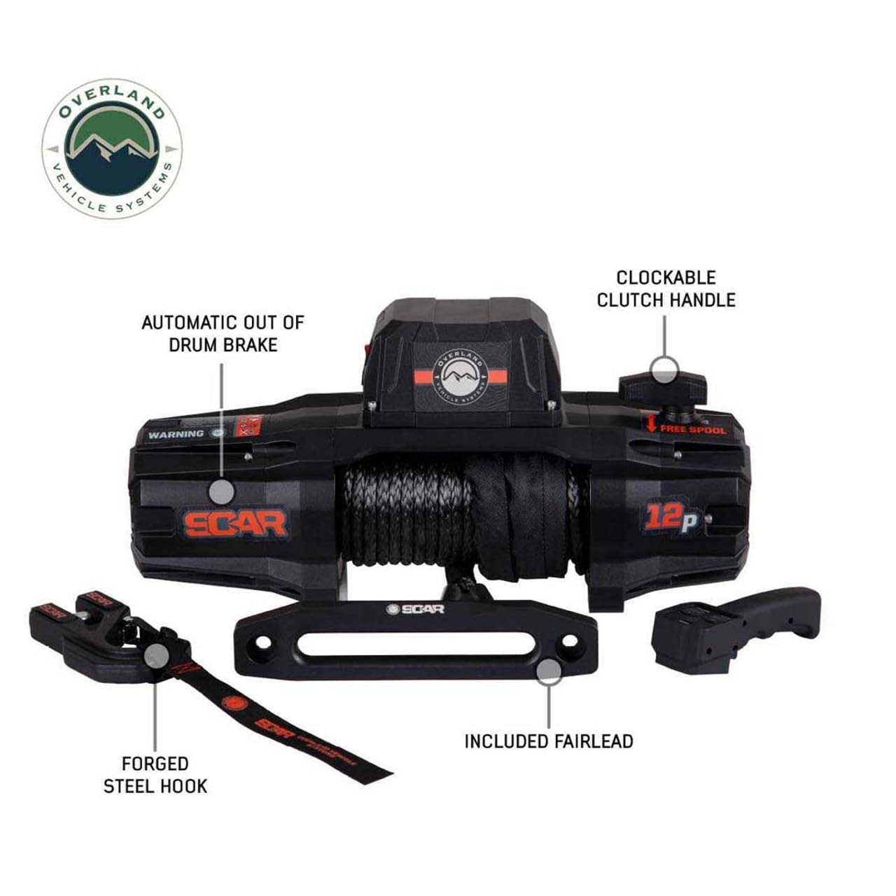 Scar Off Road Overland Vehicle Systems 19129901 12V Electric Winch with Synthetic Rope & Wireless Remote - 12,000 lb Pulling Capacity - Waterproof IP68 Rated - Perfect for Off-Road Recovery