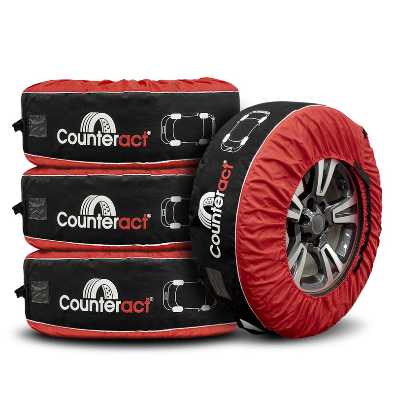 Counteract 4 Pack Tire Cover - Black & Red Oxford Fabric 600D - Size M (12-19") - Ideal RV Tire Covers and Tire Covers for Trailers, Cars, Trucks, SUV - Handlebar, Window Card, Tire Identifying Image