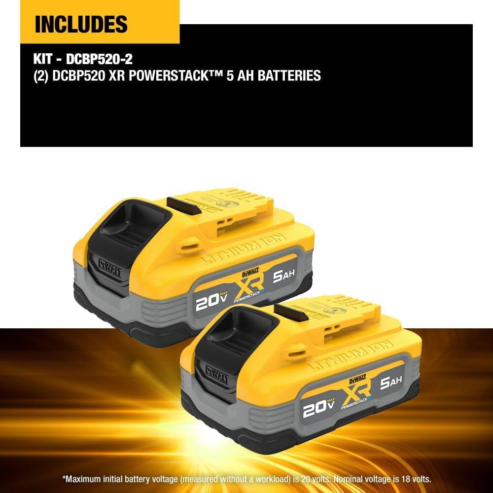 20V MAX DEWALT Powerstack Battery, Rechargeable, 5Ah, Lithium Ion, 2-Pack (DCBP520-2)