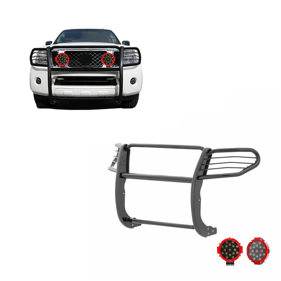 Bumper Guard Black Horse Grille brush Modular Come With pair of 7.0"Dia.LED Lights with Red Trim Rings Compatible with 2005-2021 Nissan Frontier|2005-2007 Nissan Pathfinder-17A110200MA-PLR