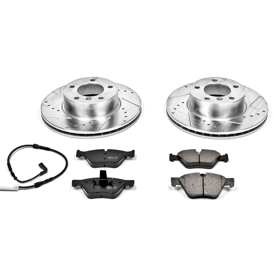 Power Stop K3087 Z23 Carbon Fiber Brake Pads Front with Drilled & Slotted Brake Rotors Kit and 1 Front Sensor Wire For BMW 325i 2006 [Model Specific]
