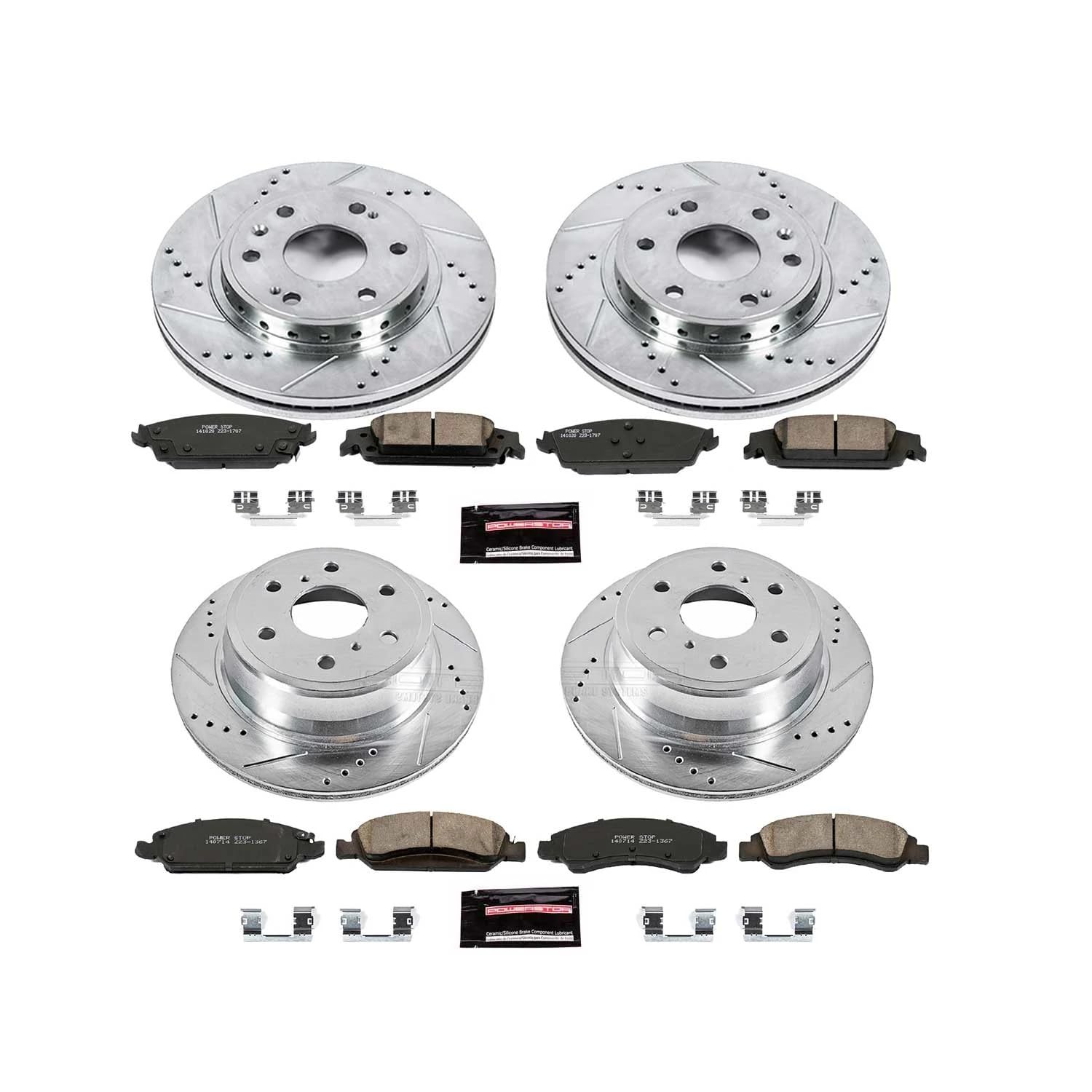 Power Stop K7225 Z23 Carbon Fiber Brake Pads Front and Rear with Drilled & Slotted Brake Rotors Kit For Chevrolet Tahoe 2015-2020 [Model Specific]