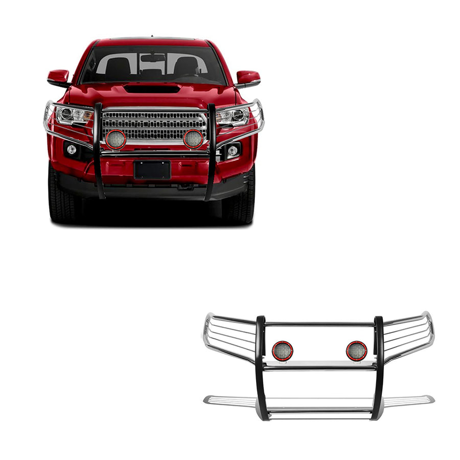 Bumper Guard Black Horse Grille Brush Modular Stainless Steel Come with Pair of 5.3" Dia.LED Lights with Red Trim Rings Compatible with 2016-2023 Toyota Tacoma-17A096402MSS-PLFR