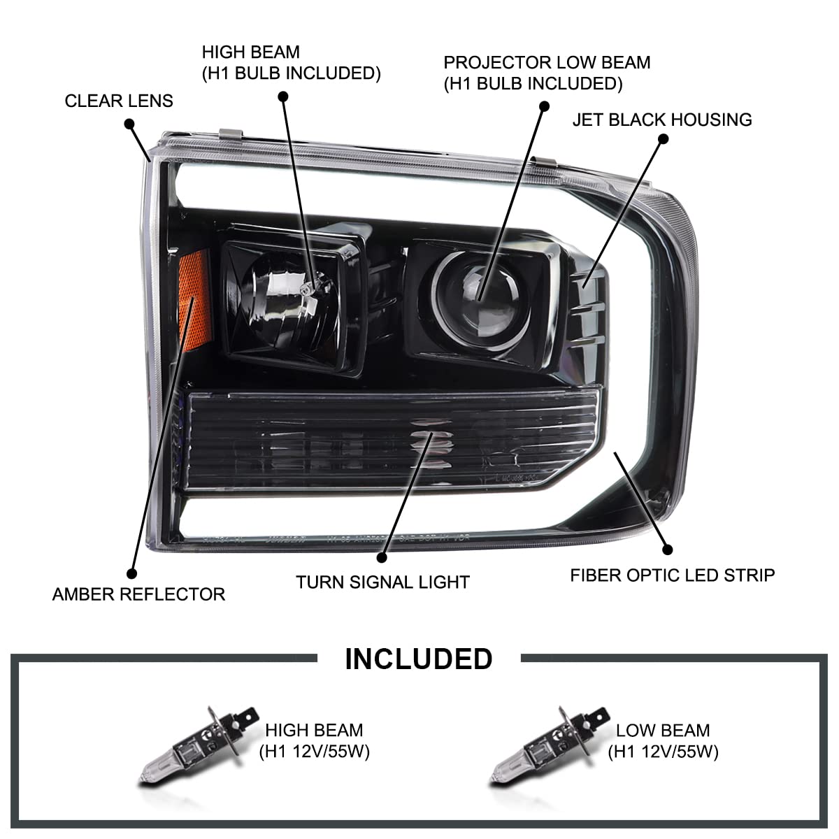 Jet Black SPEC-D TUNING Projector Headlights w/LED Tube Compatible with 1999-2004 Ford F-250, F-350, F-450 SuperDuty, Left + Right Pair Headlamps Assembly