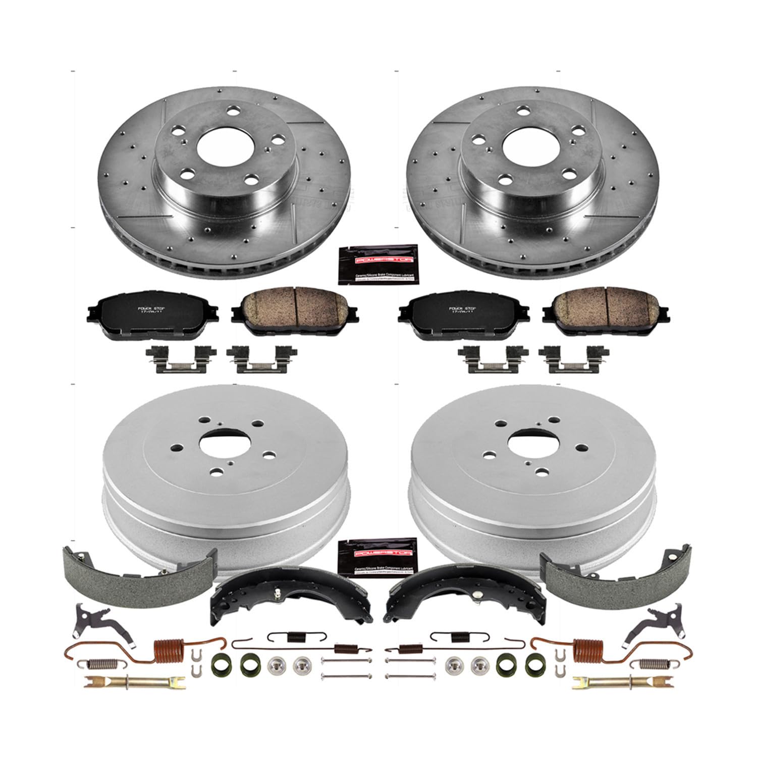 Power Stop K15413DK Z23 Carbon Fiber Brake Pads Front and Rear with Drilled & Slotted Brake Drums Kit For Toyota Tacoma 2005-2015 [Model Specific]