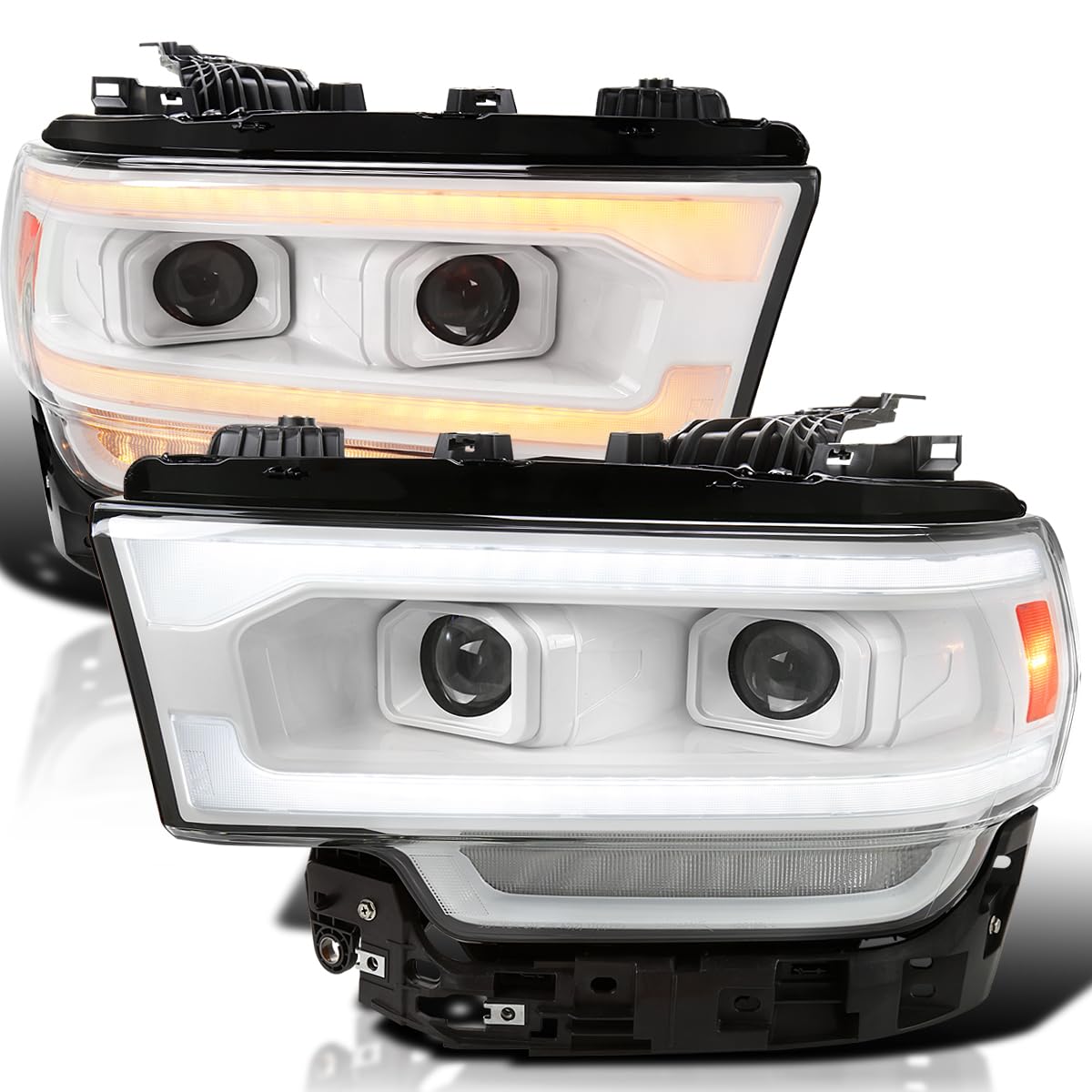 Special Edition SPEC-D TUNING Arctic White Dual Projector Headlights w/Sequential LED Turn Signal and Startup Animation Compatible with 2019-2024 Dodge Ram 2500, 3500, 4500, Left + Right Pair