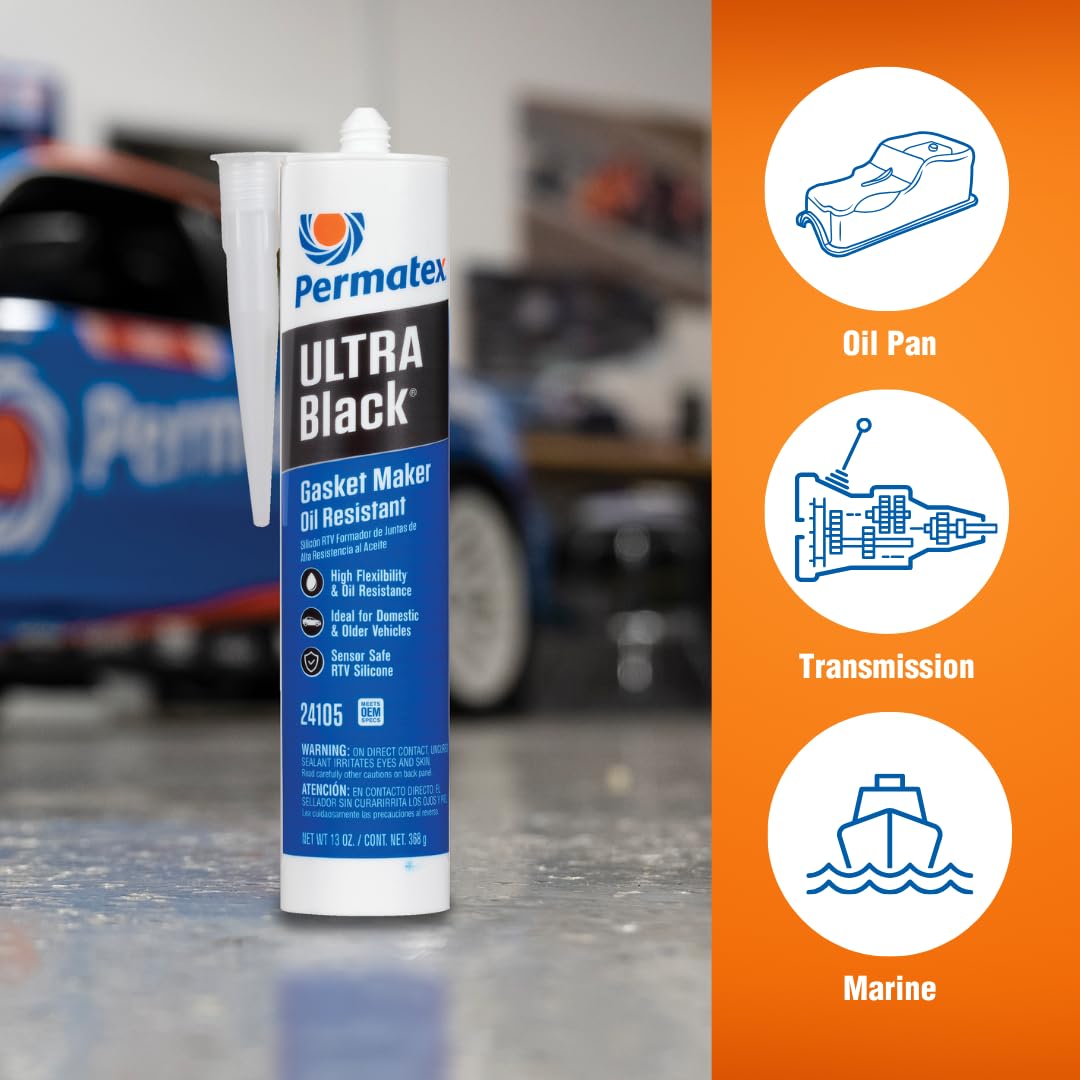 Permatex Ultra Black 24105 Maximum Oil Resistance RTV Silicone Gasket Maker, Sensor Safe And Non-Corrosive, For High Flex And Oil Resistant Applications 13 oz