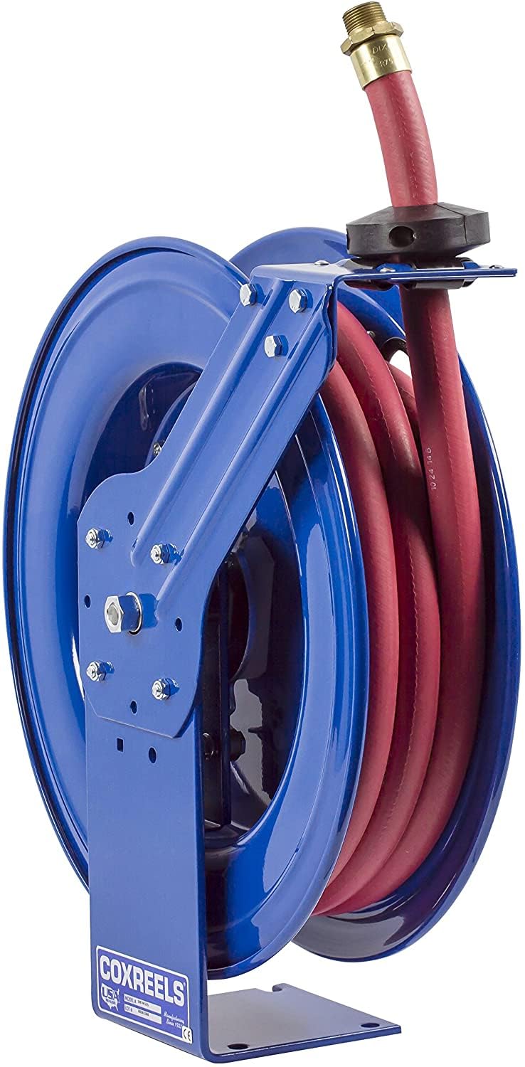 Coxreels SH Fuel Series SHF-N-525 Retractable Fuel Hose Reel | 3/4"x25, 300 PSI | Easy-Maintenance w/ Brass Swivel & Multi-Position Mount Arm | Heavy-Duty Steel Construction | Made in the USA | Blue