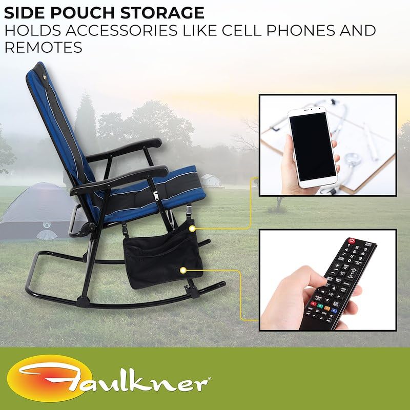 Dakota Folding Rocking Chair Faulkner – Blue/Black, 42.1" x 22", 300 lb Capacity, Padded Camping Chair with Side Pouch, Lightweight Steel Frame, Folds for Easy Carry