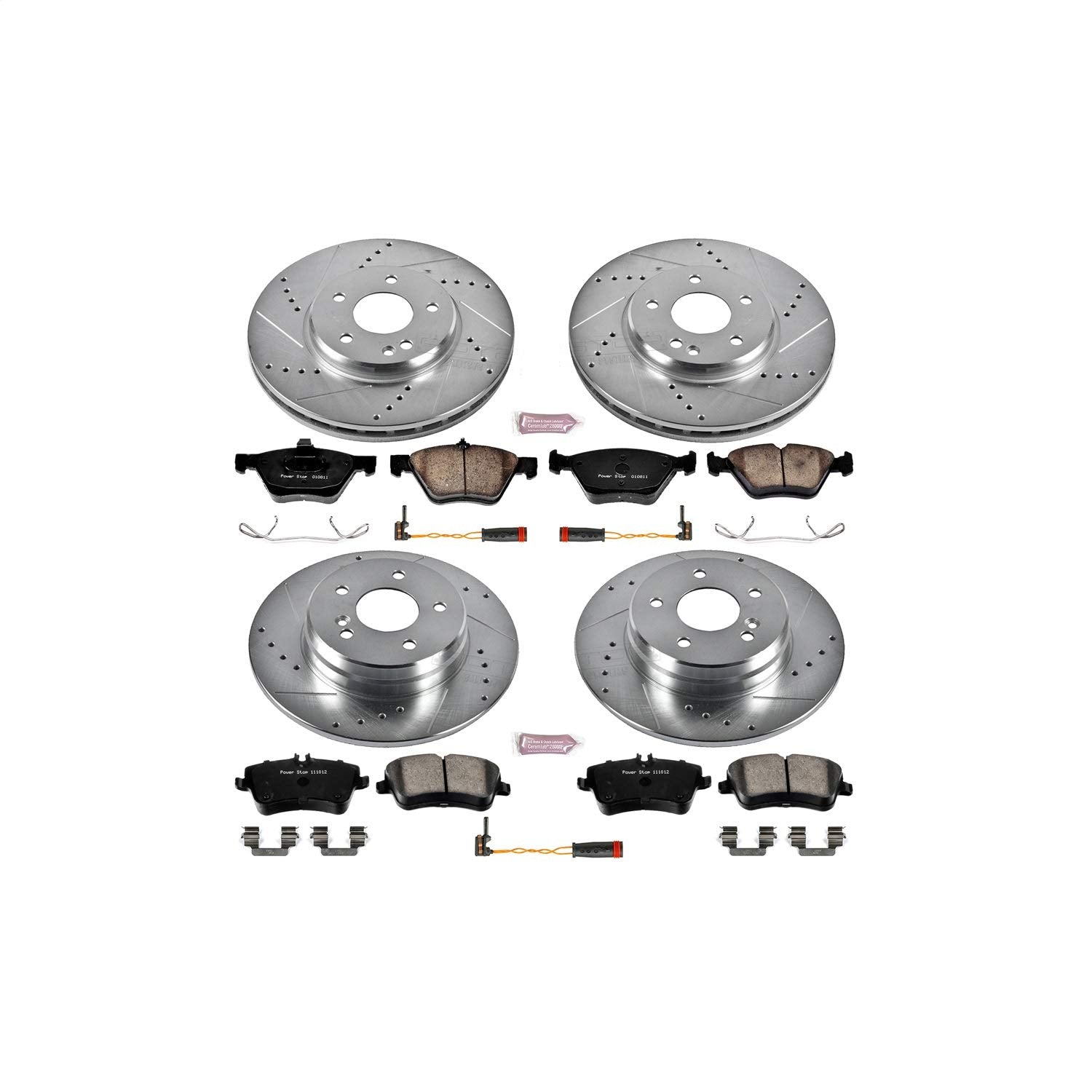 Power Stop K6701 Z23 Carbon Fiber Brake Pads Front and Rear with Drilled & Slotted Brake Rotors Kit