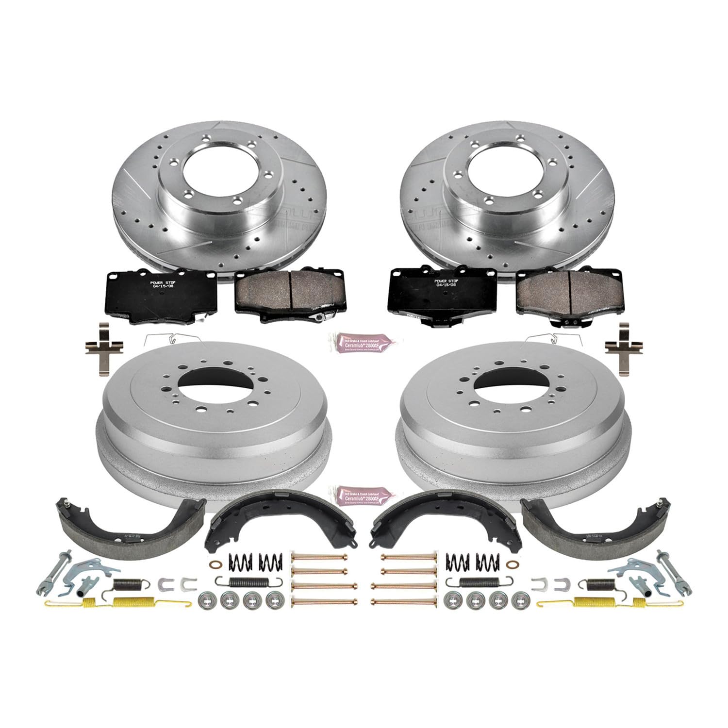 Power Stop K15094DK Z23 Carbon Fiber Brake Pads Front and Rear with Drilled & Slotted Brake Drums Kit For Toyota 4Runner 1991-1995 [Model Specific]
