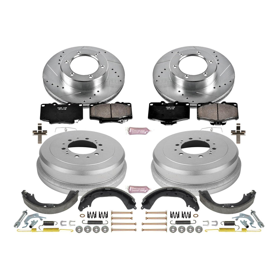 Power Stop K15094DK Z23 Carbon Fiber Brake Pads Front and Rear with Drilled & Slotted Brake Drums Kit For Toyota 4Runner 1991-1995 [Model Specific]