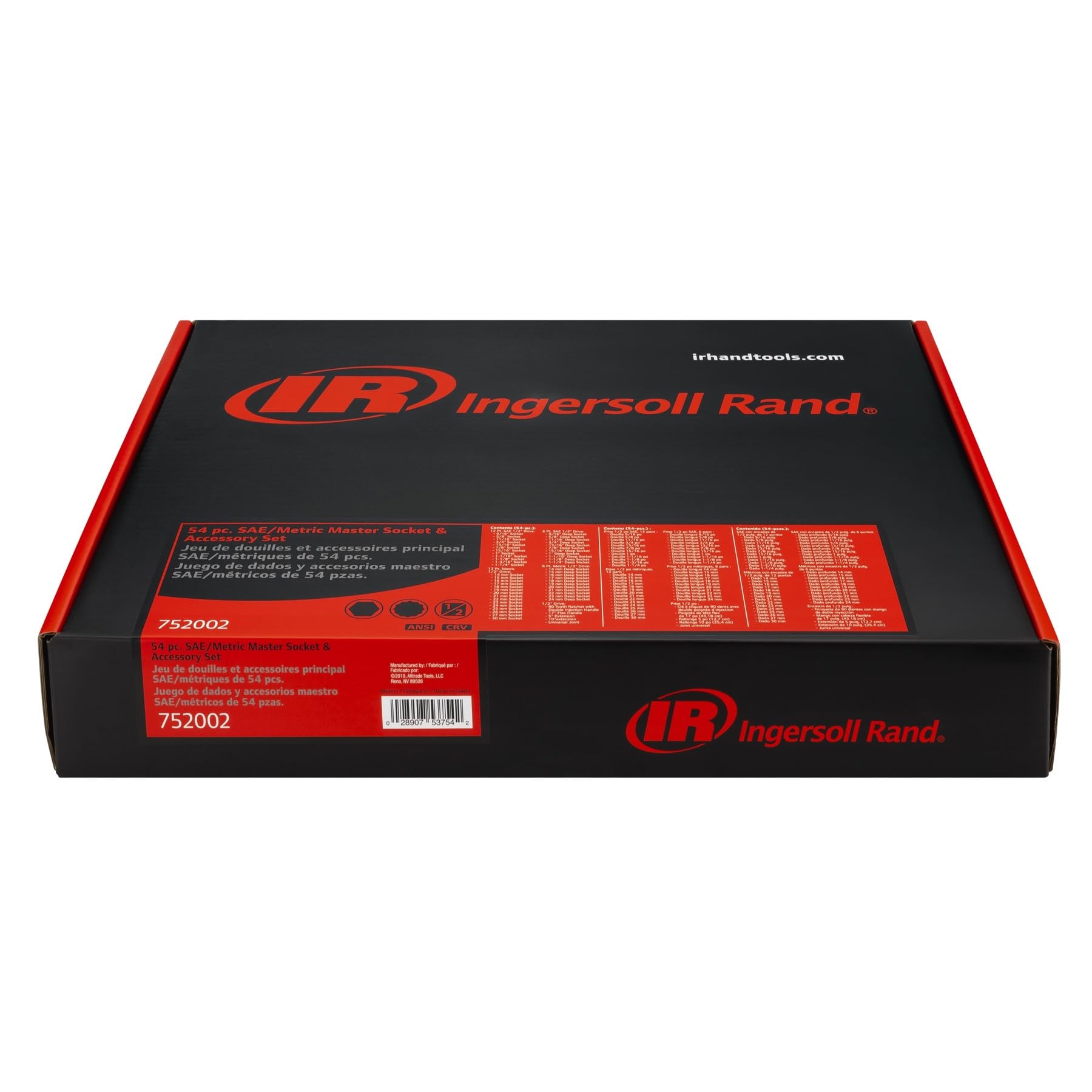 Ingersoll Rand 1/2 in. Drive SAE/Metric 54-Piece Master Socket and Accessory Set – Mirror-Polished Chrome Vanadium Steel, 90-Tooth Ratchet, EVA Tray with Size Markings – 752002