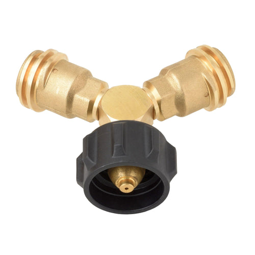 Propane Tank Flame King Y Splitter Adapter with Valves, 2-Way LP Gas Connector for 20lb Propane Tank Cylinders, Works with BBQ Grills, Camping Stoves, Gas Burners, Heaters