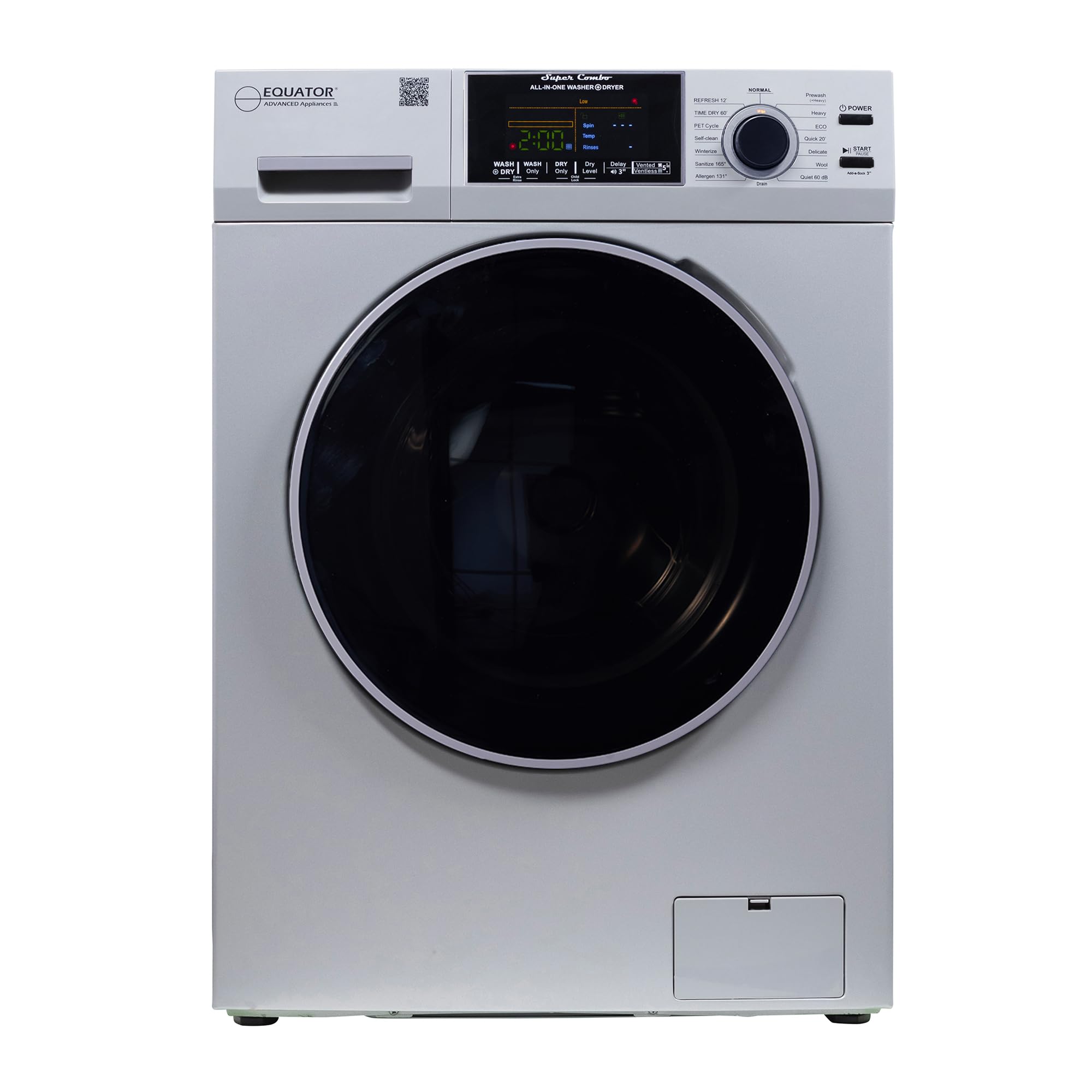 Equator VENTLESS/VENTED All-in-One Washer Dryer 1.62cf/15lbs 110V in Silver PET cycle