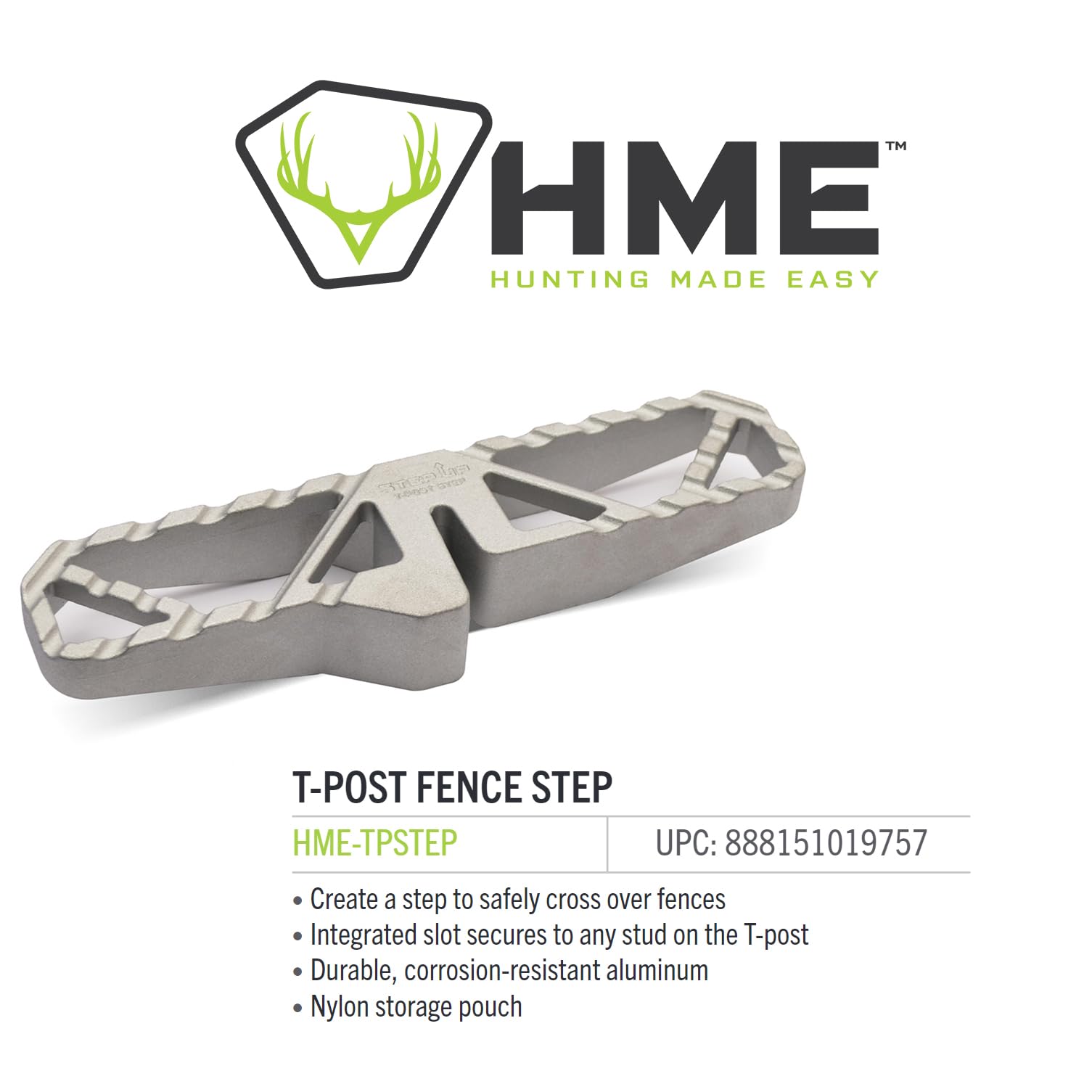 HME Durable Secure Aluminum Portable T-Post Fence Step for Outdoor Activities with/Nylon Storage Pouch and Integrated Slot