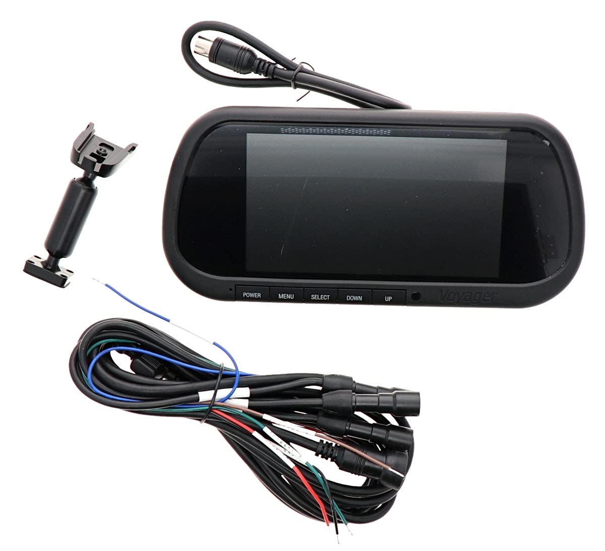 Replacement Voyager VOM74MM 7" TFT LCD Rearview Mirror Monitor; Matte Black Body; 12VDC; PAL/NTSC Compatible; 16:9 Aspect Ratio; 3 Camera Inputs; White Backlight Buttons; Built-in Speaker