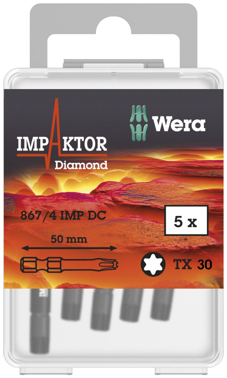 Wera Diamond Coated 867/4 Impaktor Torx Screwdriver Bits for TX30 Torx Socket Screws, Pack of 5
