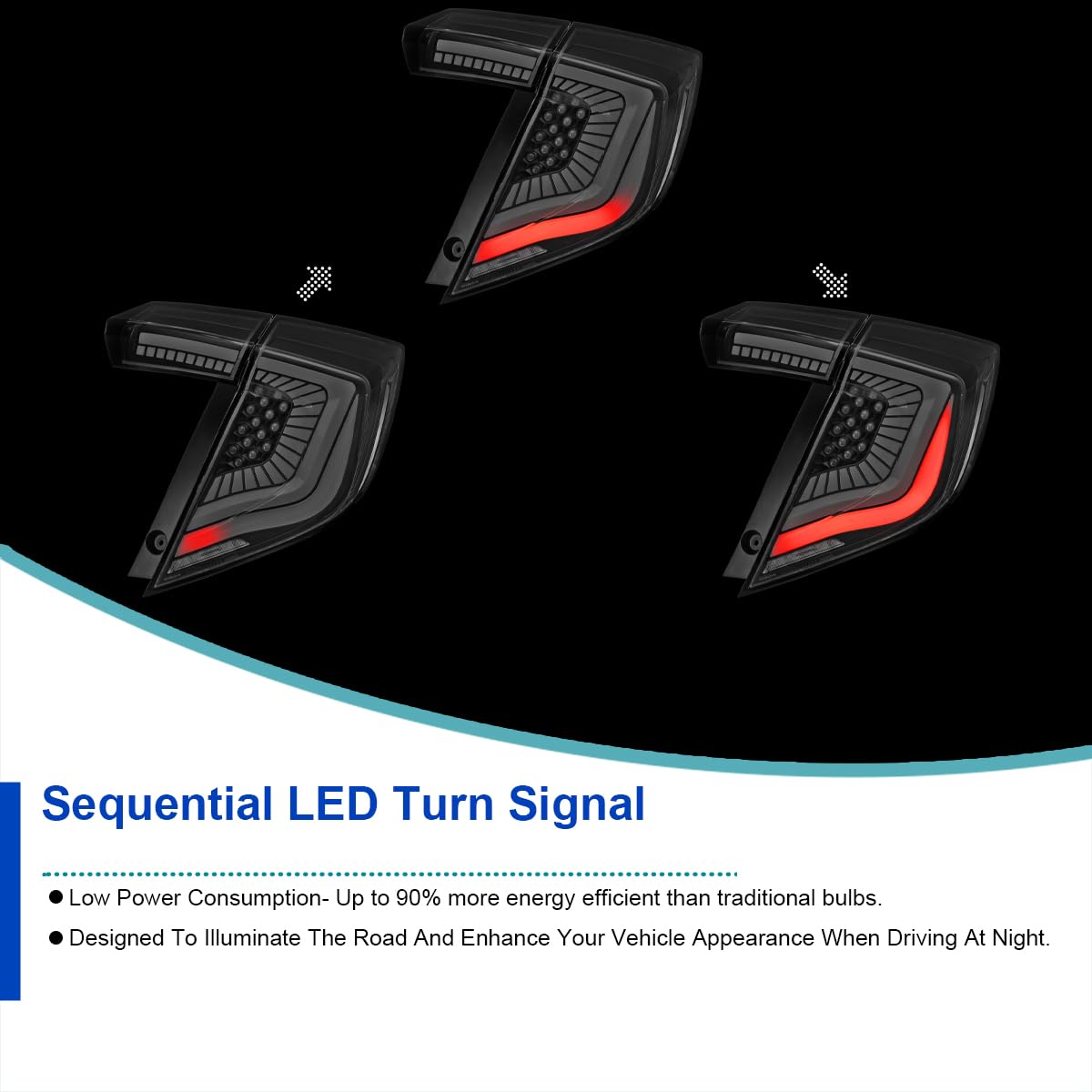 Black LED Tail Lights SPEC-D TUNING w/LED Sequential Turn Signals and Startup Animation Compatible with 2017-2021 Honda Civic Hatchback, Left + Right Pair Headlamp Assembly