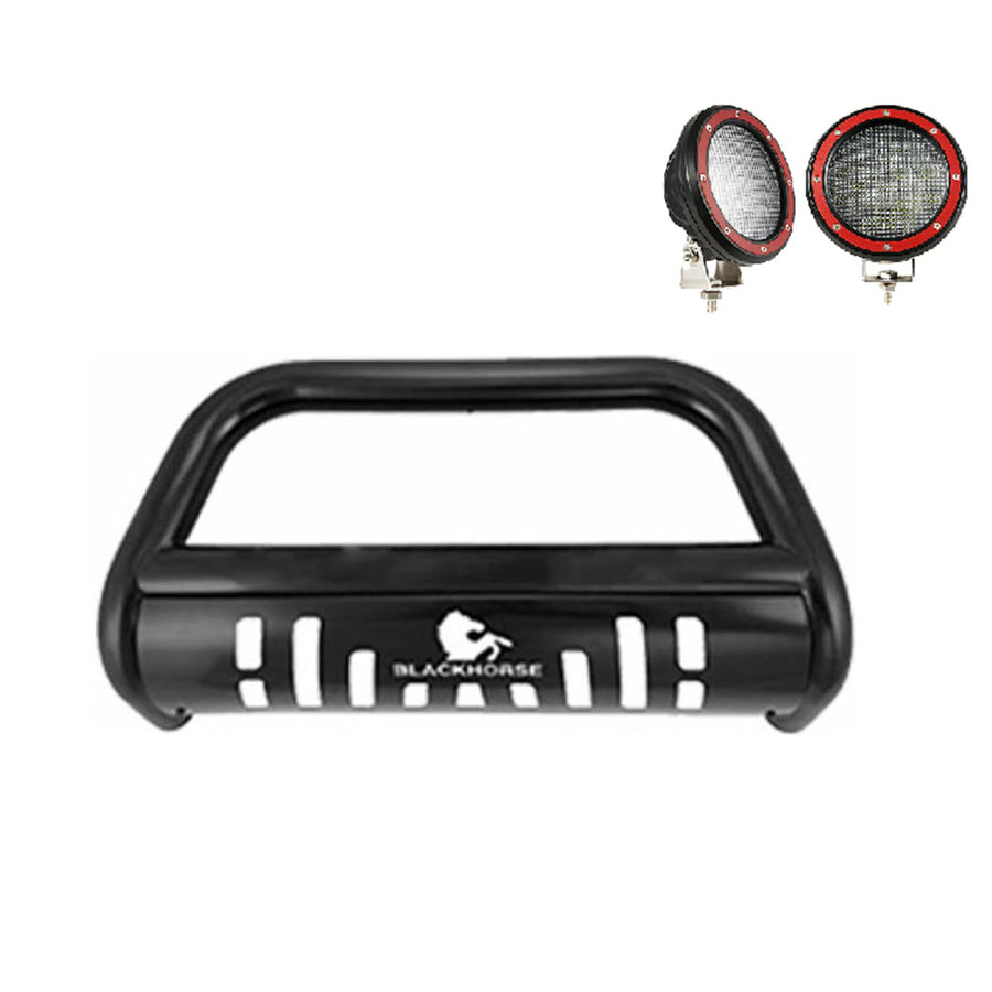 Bull Bar Kit Black Horse Skid Plate Black Compatible Come with Pair of 5.3" Dia. LED Flood Lights with RED Trim Ringswith 17-24 Ford F-250 /F-350/F-450/F-550 Super Duty-BB045215A-SP-PLFR