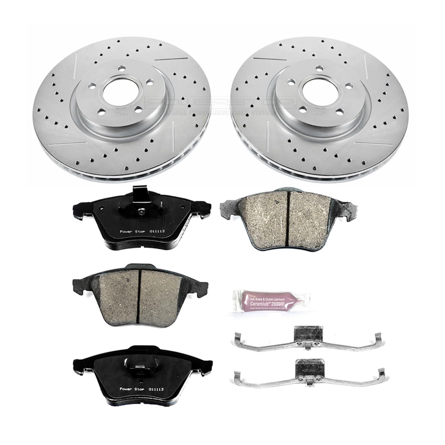 Power Stop K5430 Z23 Carbon Fiber Brake Pads Front with Drilled & Slotted Brake Rotors Kit For Volvo C70 2006-2013, Volvo S40 2004-2011, Volvo V50 2005-2011 [Model Specific]
