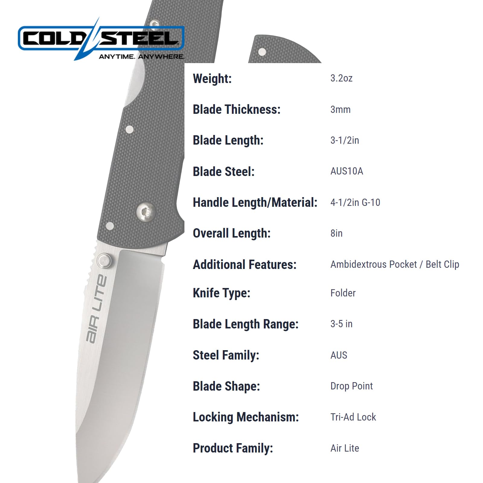 Cold Steel Folding Knife Air Lite with Japanese 10A Steel Blade, Tri-Ad Lock, Pocket Clip and G-10 Handle, Drop Point, Silver/Black