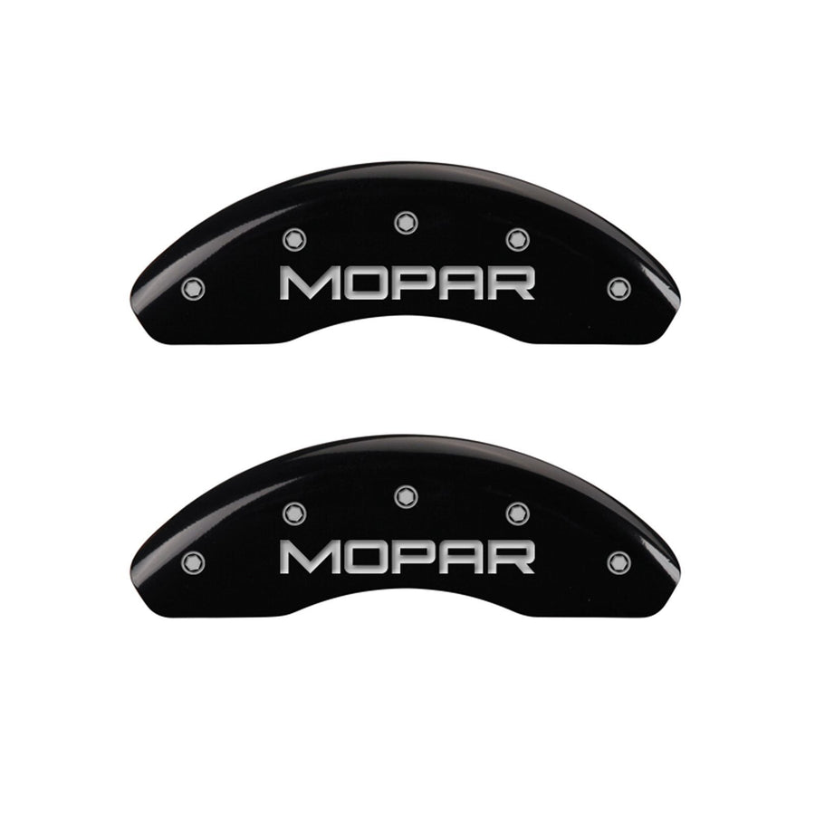 MGP Caliper Covers Front and Rear 32015SMOPBK Black Powder Coat Finish, Set of 4 (MOPAR Silver Characters, Engraved)
