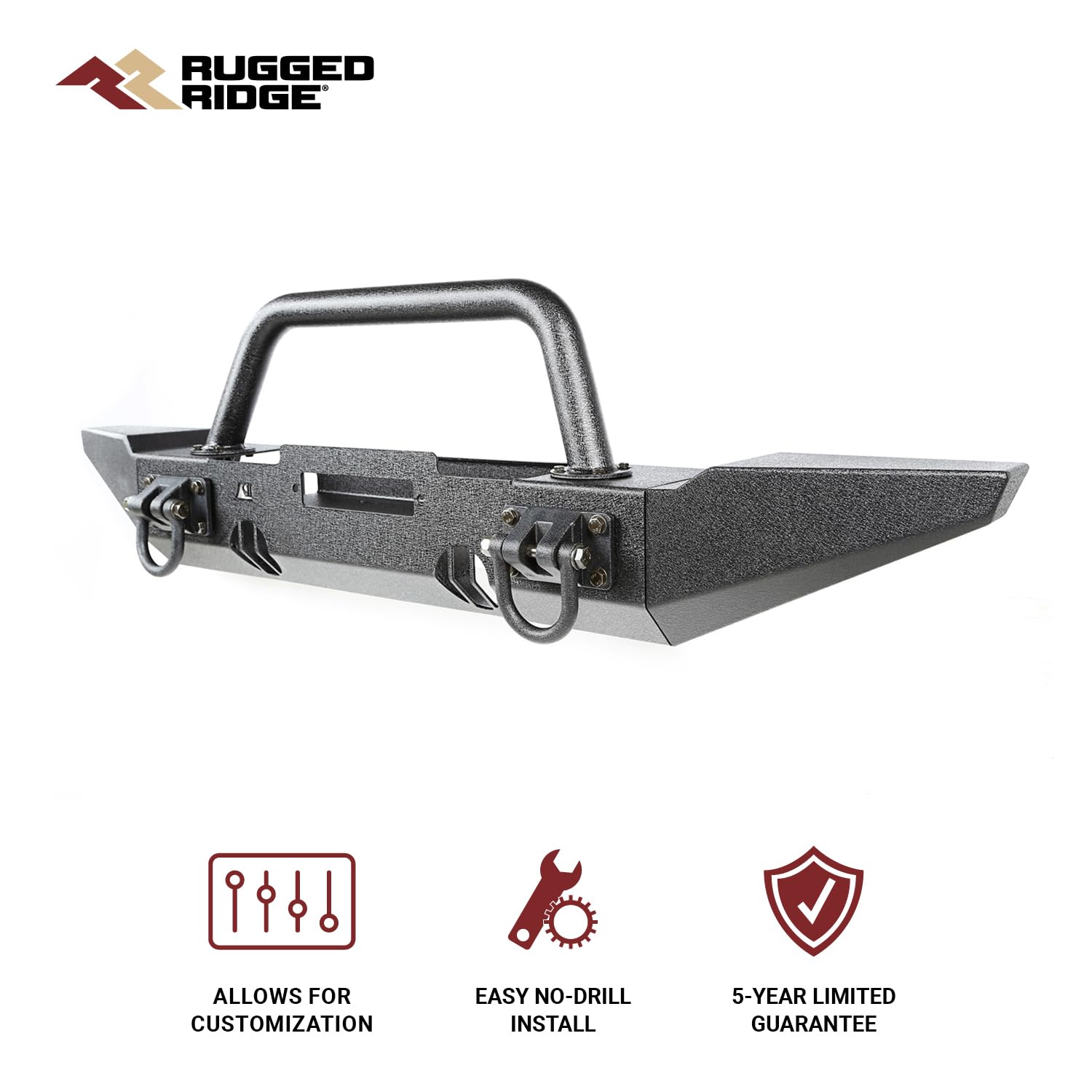 XHD Rugged Ridge Bumper, Front | Modular Full Width w/ Overrider, Steel, Textured Black | 11540.57 | Fits 1976-1986 Jeep CJ; 1987-2006 Jeep Wrangler YJ/TJ