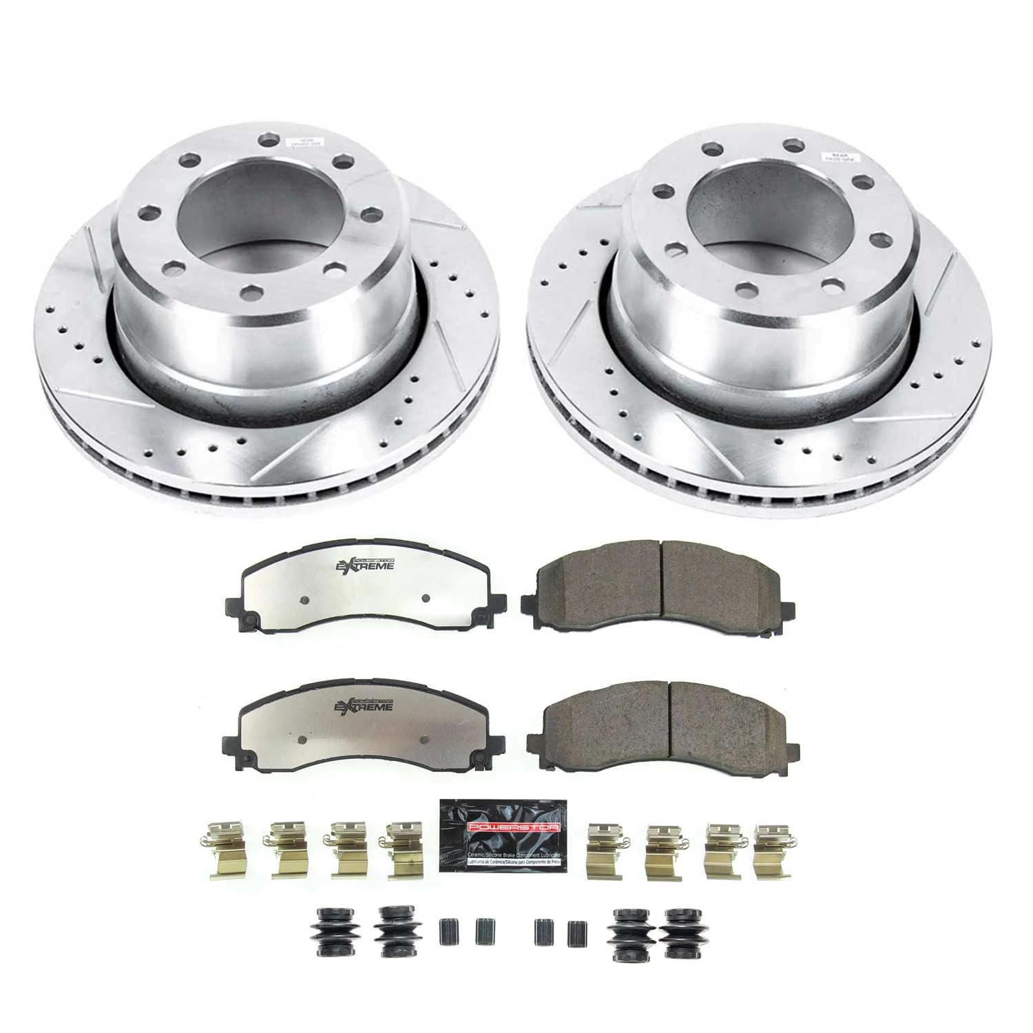 Rear Brake Kit Power Stop For 2019 2020 2021 2022 2023 2024 Ram 2500 - Truck & Tow Carbon Fiber Ceramic Brake Pads & Drilled and Slotted Rotors Replacement, K8641-36