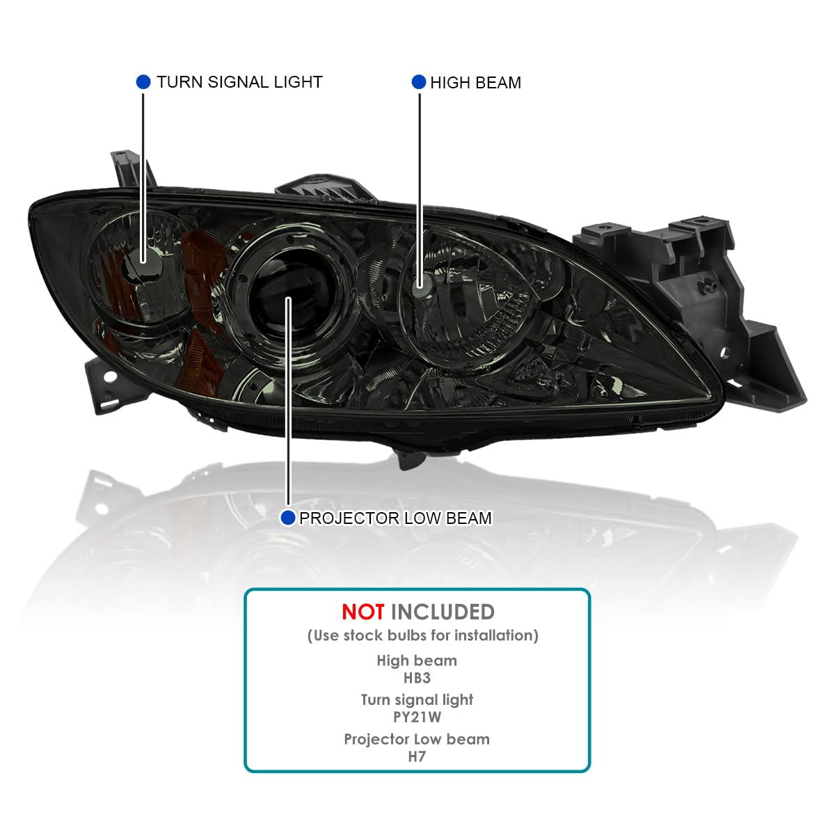 Chrome Smoke Halogen Projector Headlights SPEC-D TUNING Compatible with 2004-2009 Mazda 3 4Dr Sedan, Left + Right Pair Headlamps Assembly