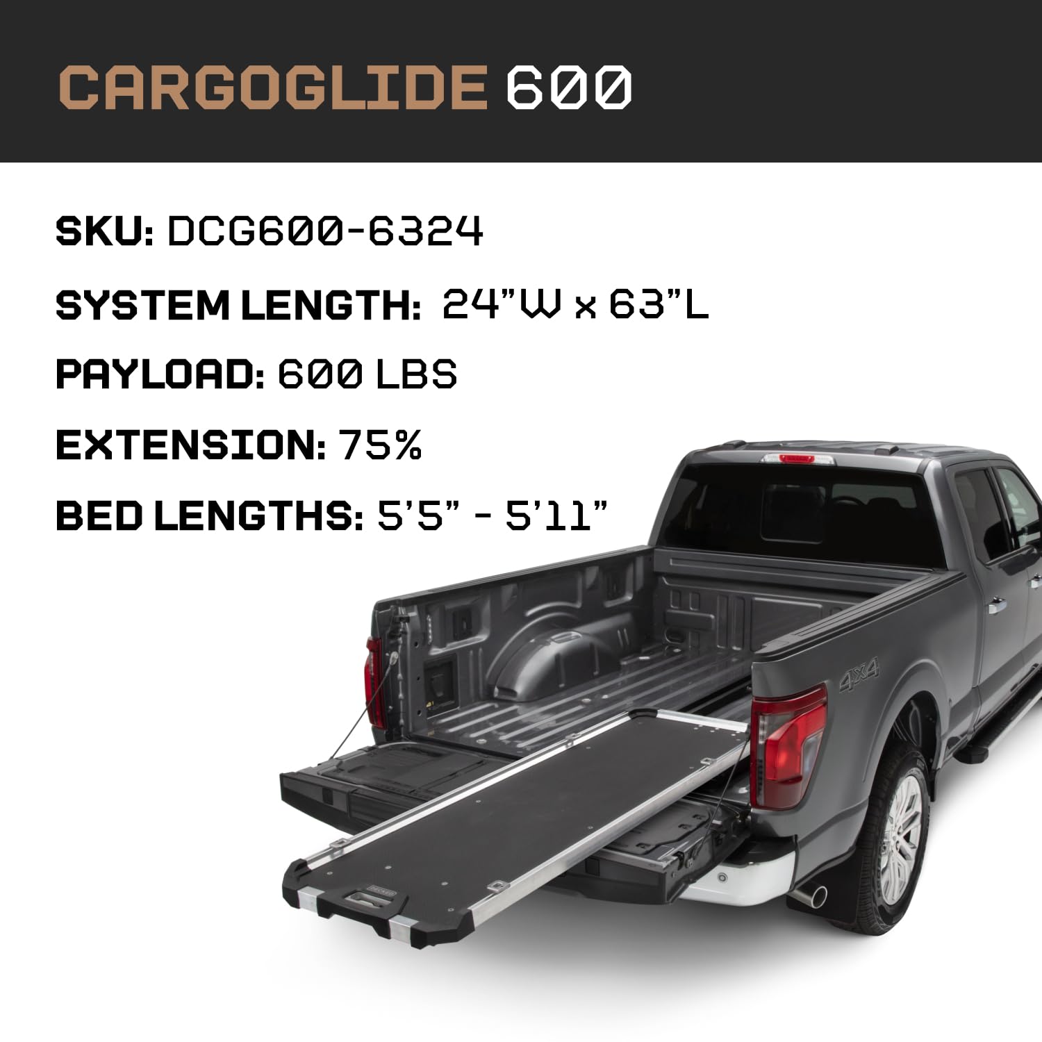 Truck Bed Slide CargoGlide – 600 lb Capacity, 75% Extension – Heavy-Duty Pickup Cargo Slide for Easy Bed Access – Compatible with CargoGlide 600/75% / 24" W / 63" L
