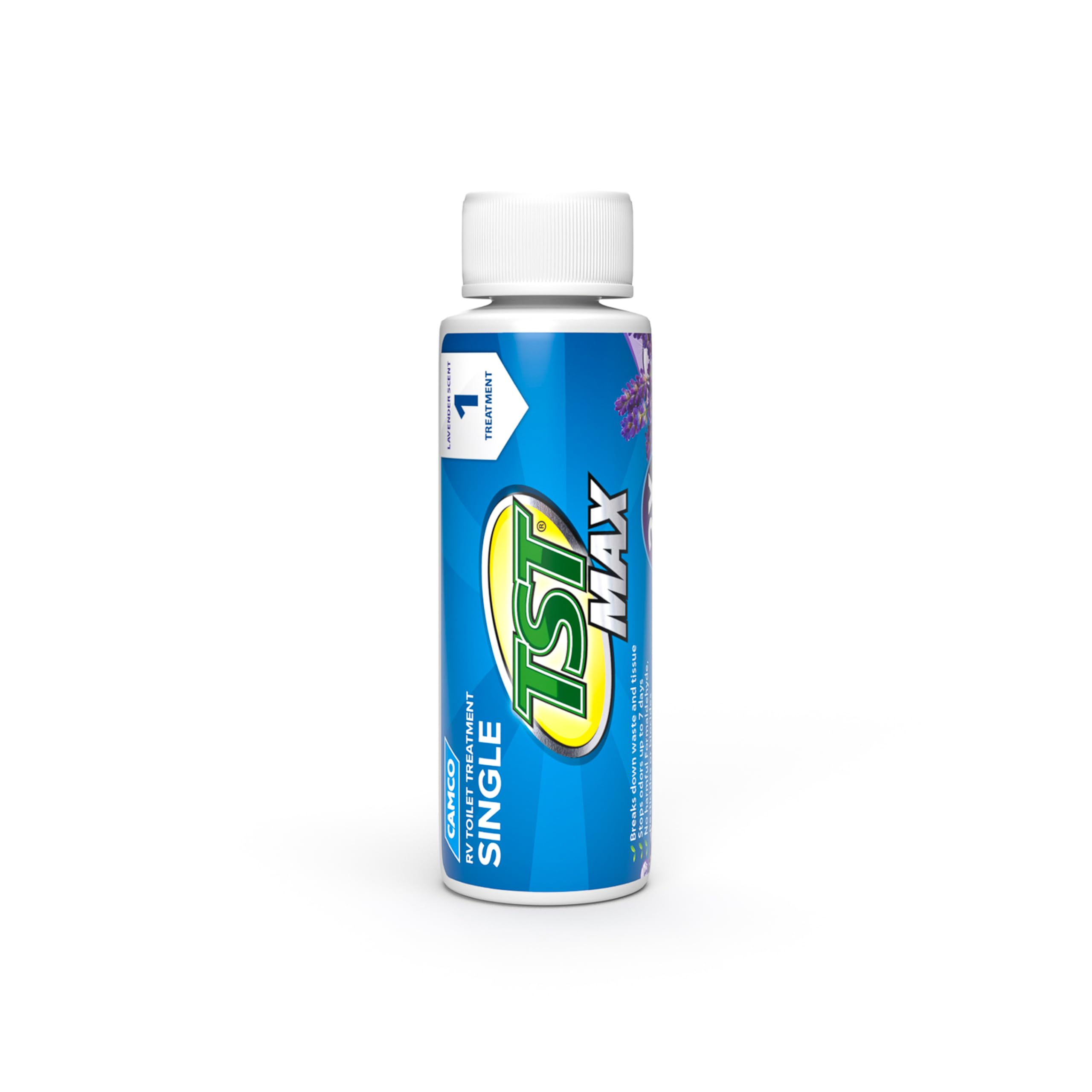 Camco TST MAX Toilet Treatment RV - Formaldehyde Free - Breaks Down Waste And Tissue - Septic Tank Safe - Treats up to 8-40 Gallon Holding Tanks -Lavender Scent, (8) 4 oz Bottles (41551)