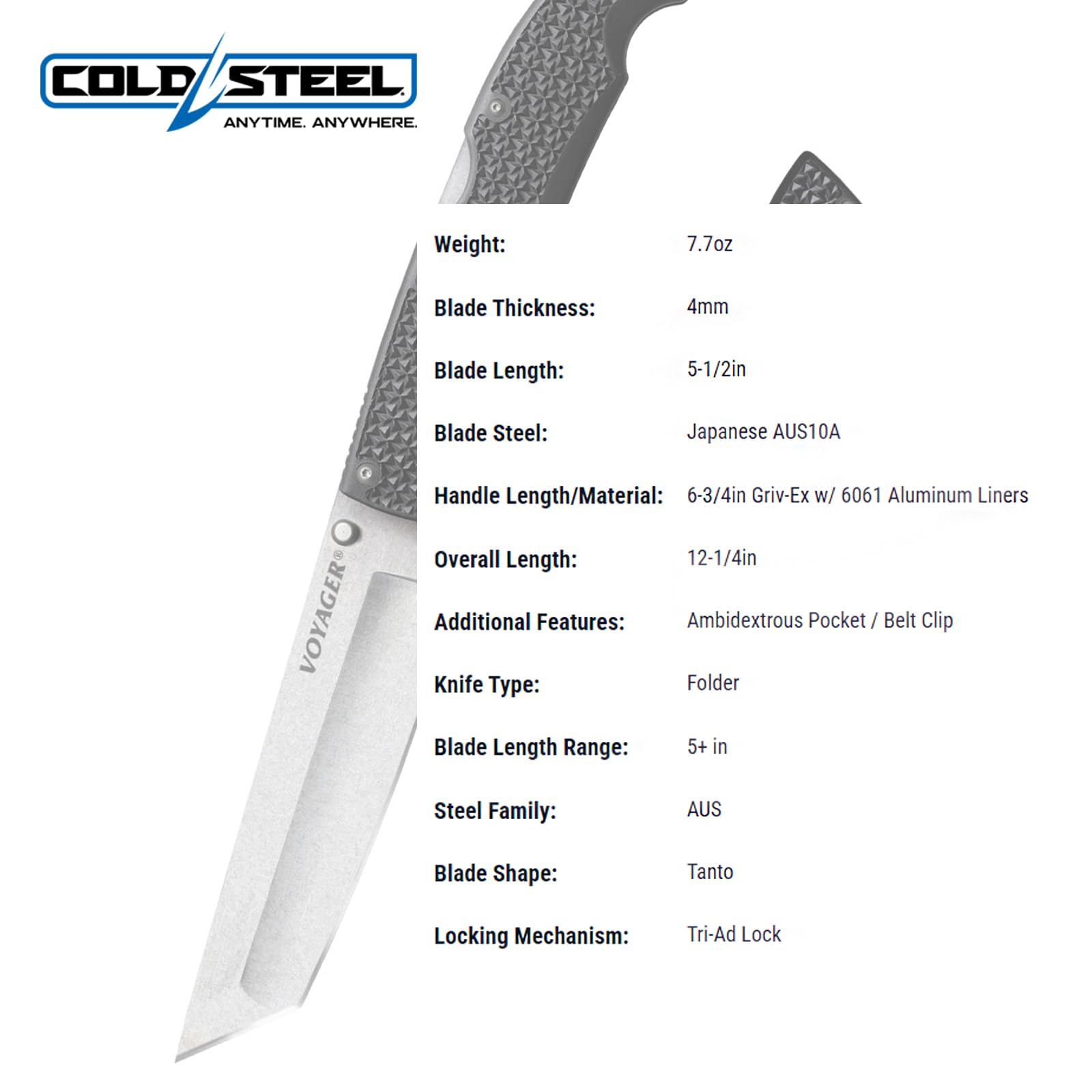 Cold Steel Voyager XL 5.5" AUS10A Tanto Point Plain Edge Razor-Sharp Blade 6.75" Griv-Ex Handle Everyday Carry Tactical Folding Knife