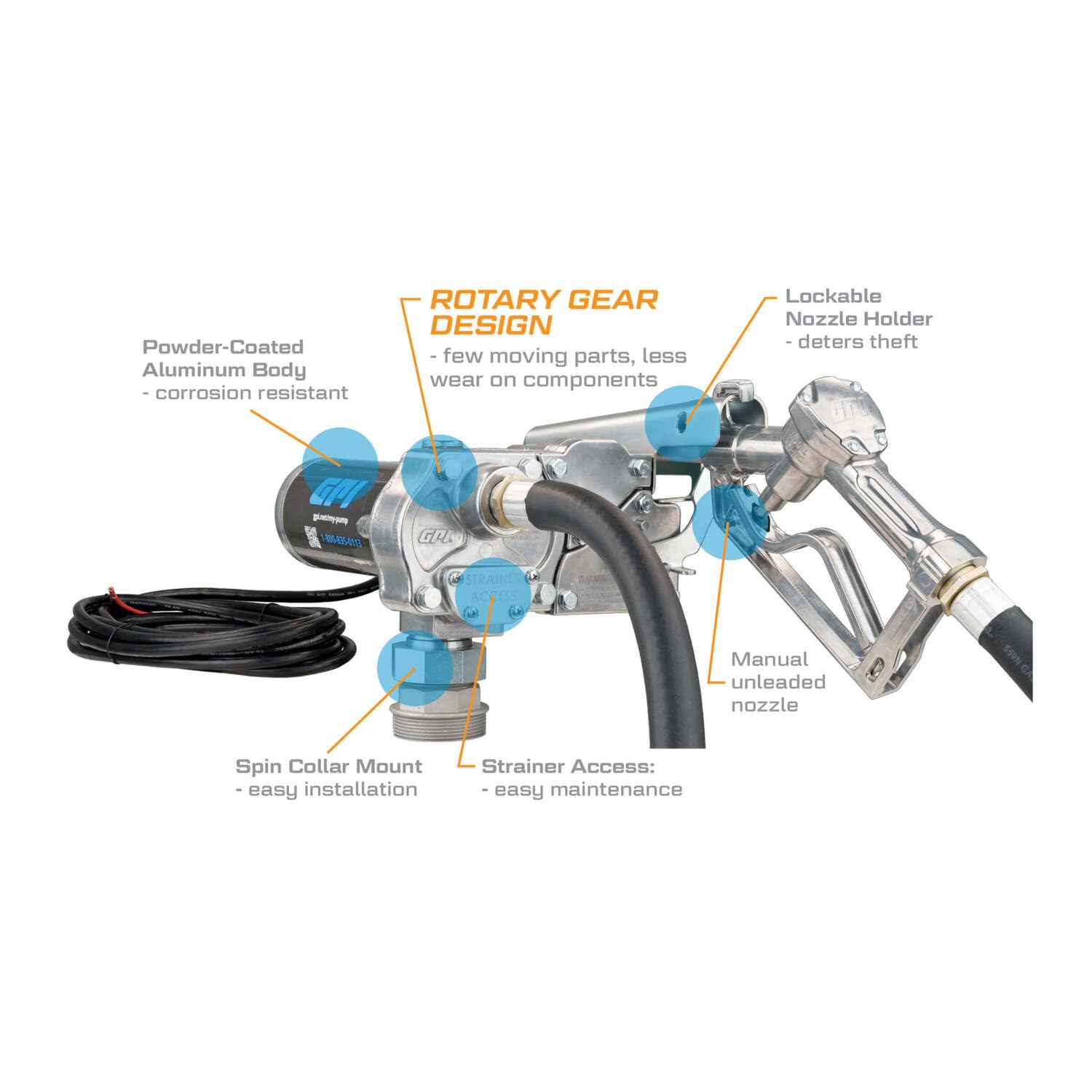 M-240 Series GPI Fuel Transfer Pump, Manual Shut-off Nozzle,15 GPM, 24 Volt (110000-70)