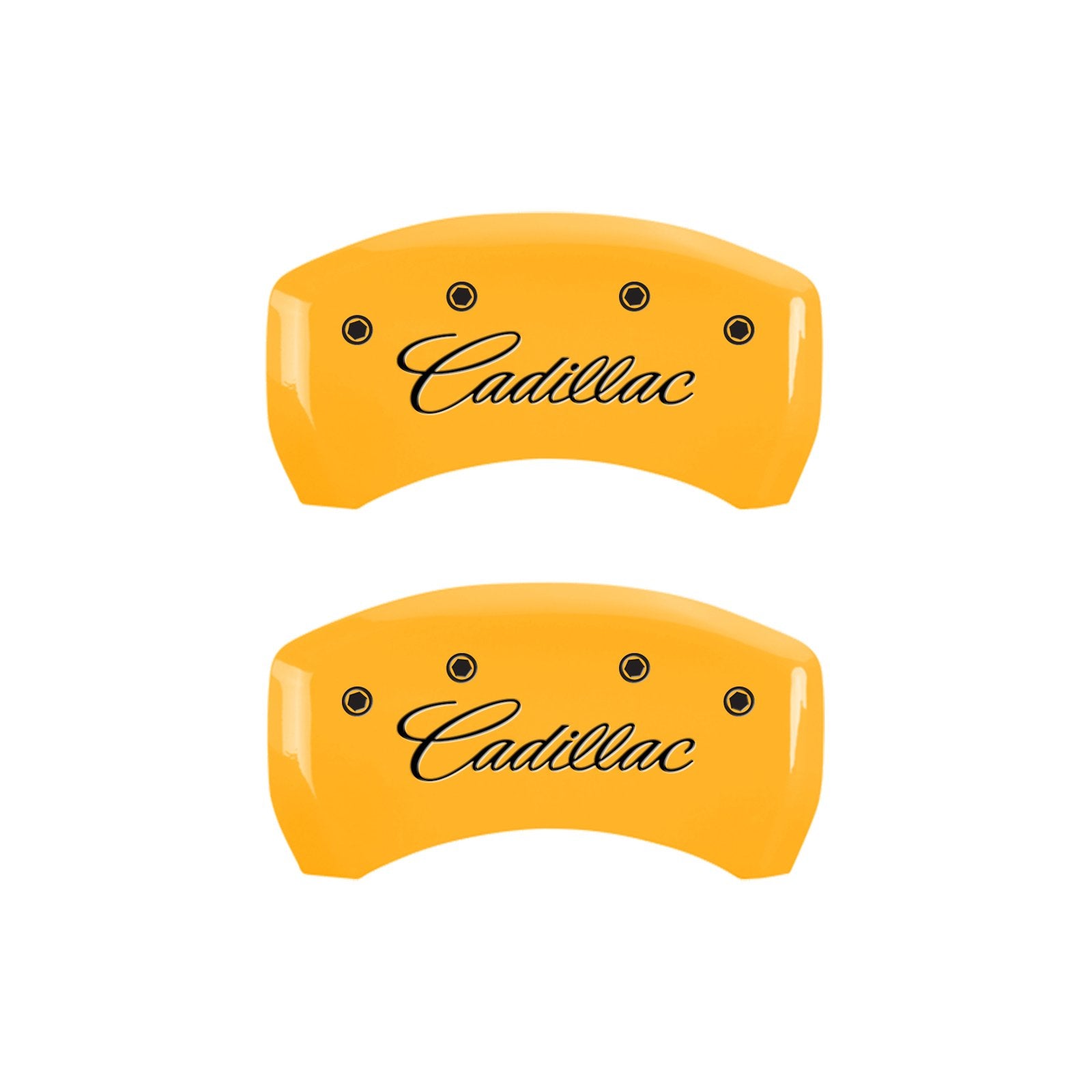 Caliper Covers MGP 35020SCADYL Yellow (Set of 4, Engraved Front and Rear: Cursive/Cadillac, Yellow powder coat finish, black characters)