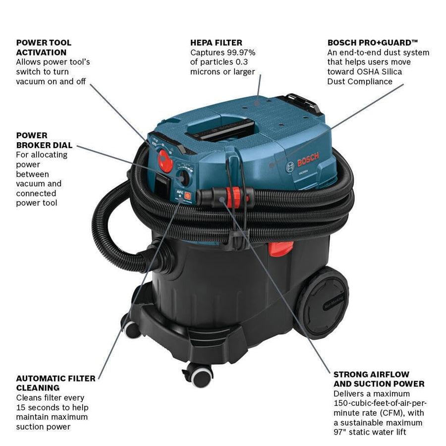 9 Gallon BOSCH VAC090AH Portable Dust Extractor with Auto Filter Clean and HEPA Filter
