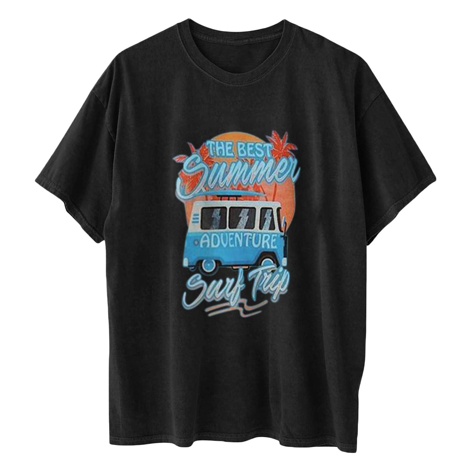 Shirts for Women VJGOAL Car Print Short Sleeve Blouse Casual Loose Retro Hoodies Round Neck Pullover Tunic Shoulder Tee Tops Black