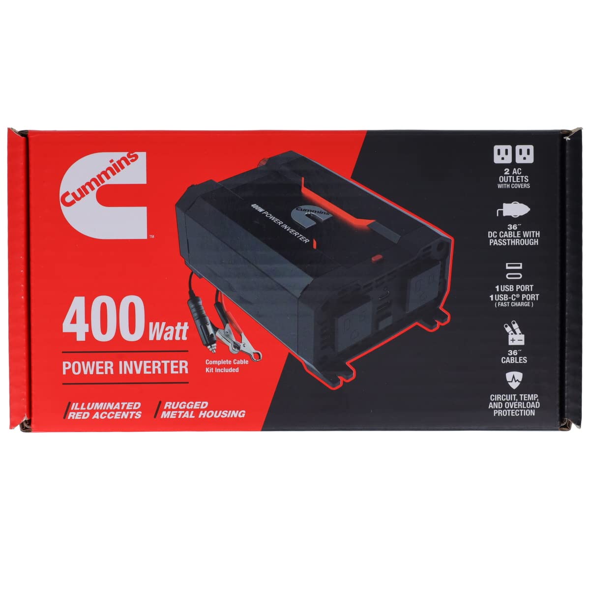 Cummins 400 Watt CMN400 Car Inverter DC 12 Volts to 110 Volts AC Converter (Full Kit Included) 2 AC Ports Plus 2.4A USB & Fast-Charge 3.0A USB-C