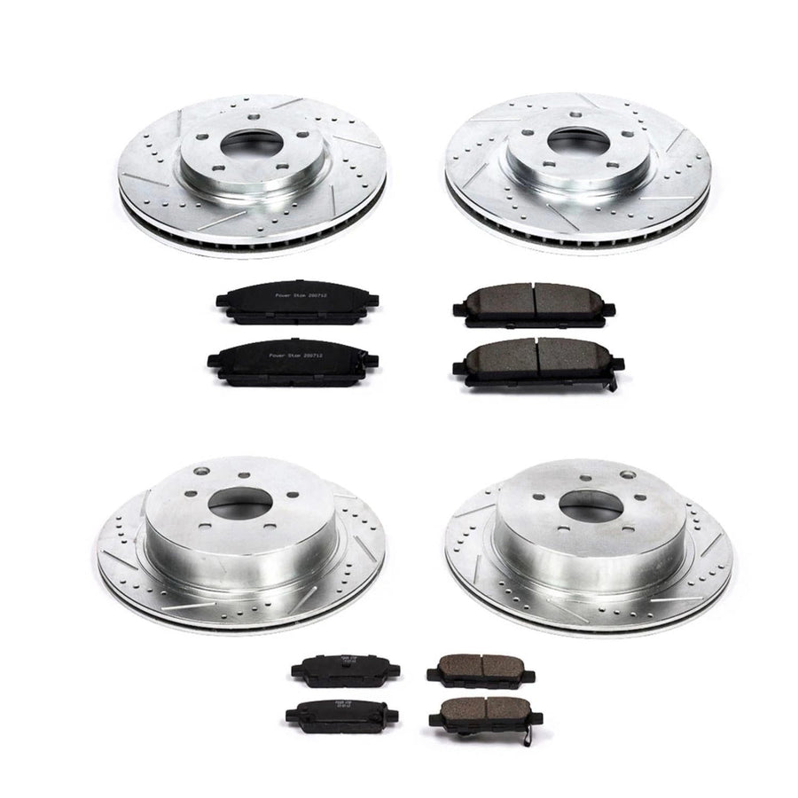 Power Stop K2766 Z23 Carbon Fiber Brake Pads Front and Rear with Drilled & Slotted Brake Rotors Kit For Nissan Quest 2004-2009 [Model Specific]