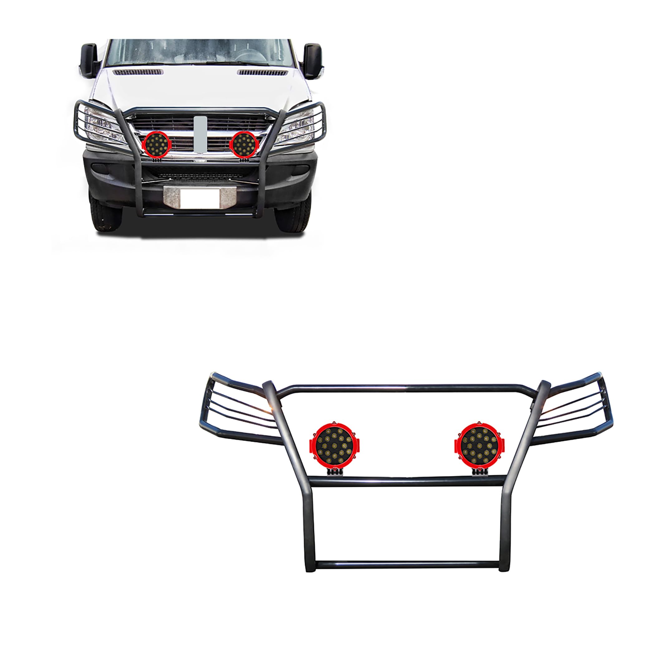 Bumper Guard Black Horse Grille brush Modular W/ pair of 7.0"LED Lights Compatible with 07-09 Dodge-Freightliner Sprinter 2500/3500|07-11-Benz Sprinter|10-18-Benz sprinter 2500/3500-17D502MA-PLR