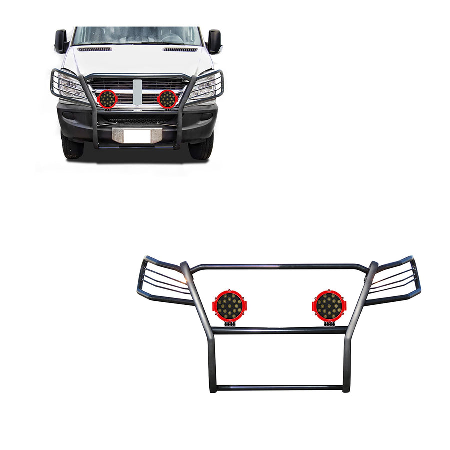 Bumper Guard Black Horse Grille brush Modular W/ pair of 7.0"LED Lights Compatible with 07-09 Dodge-Freightliner Sprinter 2500/3500|07-11-Benz Sprinter|10-18-Benz sprinter 2500/3500-17D502MA-PLR