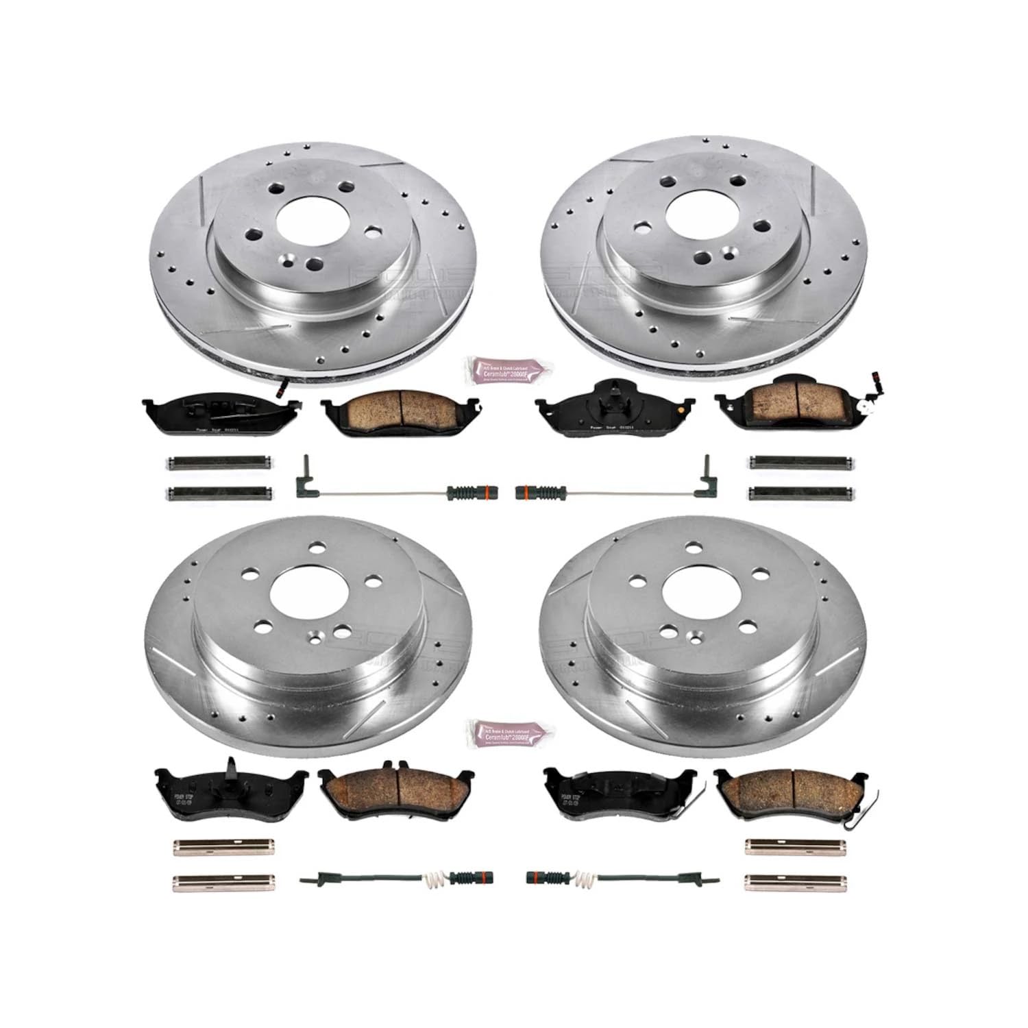 Power Stop K2833 Z23 Carbon Fiber Brake Pads Front and Rear with Drilled & Slotted Brake Rotors Kit and 1 Front & 1 Rear Sensor Wires For Mercedes ML320, Mercedes ML350, Mercedes M [Model Specific]