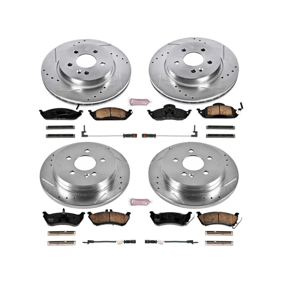 Power Stop K2833 Z23 Carbon Fiber Brake Pads Front and Rear with Drilled & Slotted Brake Rotors Kit and 1 Front & 1 Rear Sensor Wires For Mercedes ML320, Mercedes ML350, Mercedes M [Model Specific]